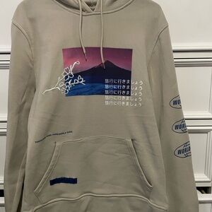 Men's Graphic Beige Hoodie with Japanese Text
